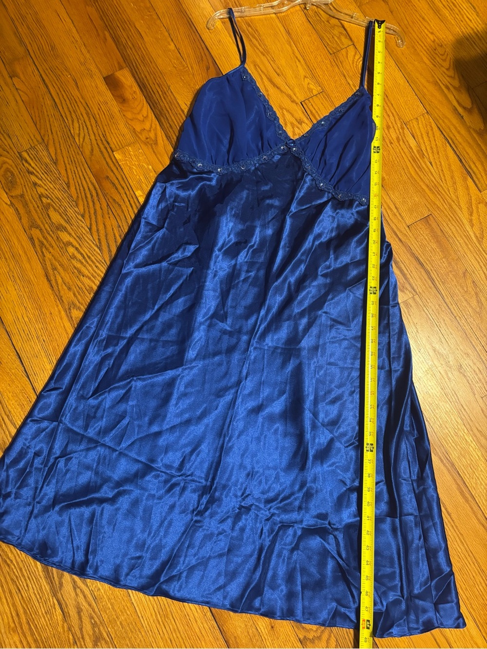 Vintage Blue Satin Slip Nightgown with beaded lace trim - Picture 9 of 10